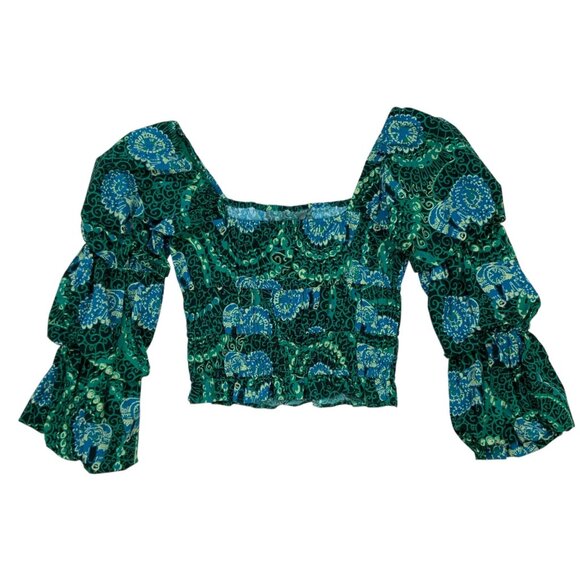 Anthropologie Porridge Tiered Poplin Blouse Top XS Green Cropped - Picture 12 of 13